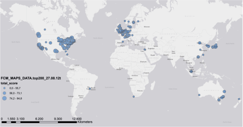 Geography of Global Top Knowledge base / Overall score - Flavia Curvelo Magdaniel, 2012 Data: The Times Higher Education Top Universities rankings 2011-2012