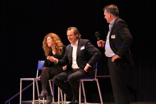 Facade Value - on stage after our presentations: Alexandra den Heijer and Thijs Asselbergs, interviewed by Tillmann Klein (photo: Marcel Bilow - Facade group TU Delft)